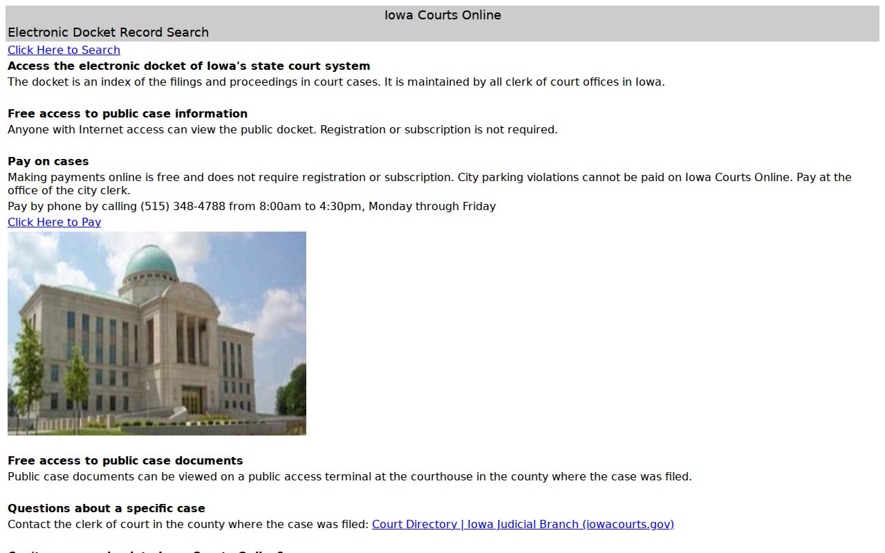 Clarke County active warrant records on the Iowa Courts Online entry page